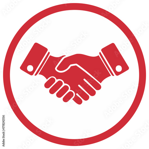 Successful handshake agreement concept, red icon of hands in circle, solid partnership emblem, negotiation symbol graphic element