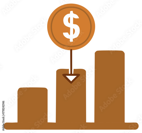Falling Profits Concept with Dollar Coin over Bar Graph Symbolizing Economic Decline