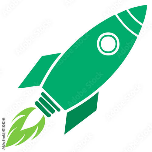 Green Rocket Launching Upward Symbolizes Business Startup and Rapid Growth Concept