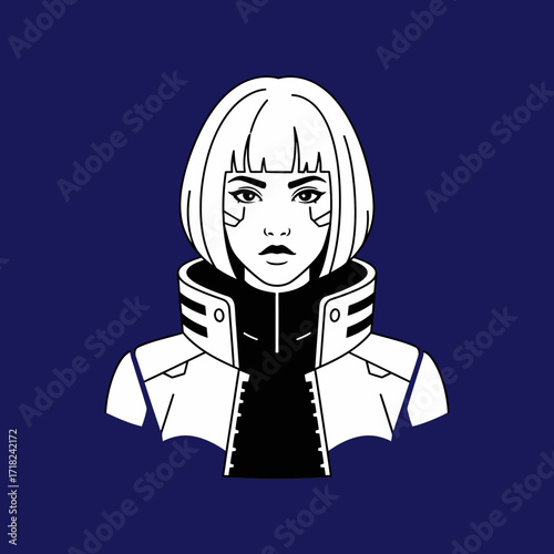 Stylized female cyberpunk character portrait.