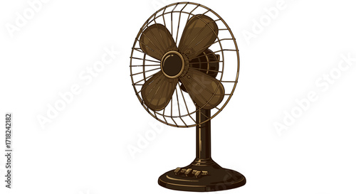 Vintage electric fan with brown metal grille in retro style