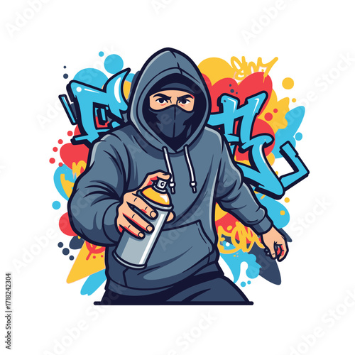 Illustration of a mysterious graffiti artist in a grey hoodie and face mask holding a spray paint can against a colorful abstract background.