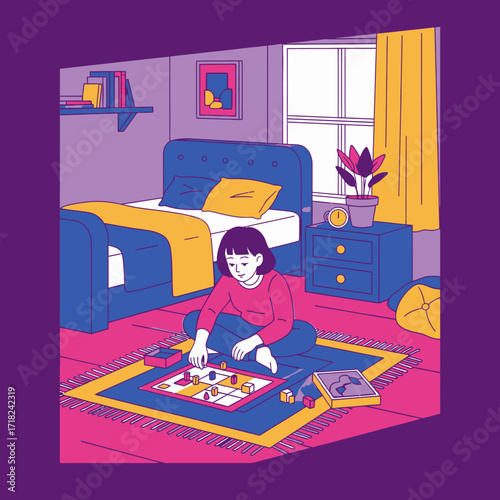 Illustration of a woman playing a board game in a bedroom.