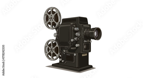 Vintage film projector on white background for retro cinema theme design