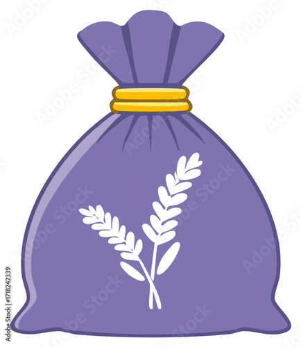 Purple lavender sachet illustration tied with golden string for aromatherapy