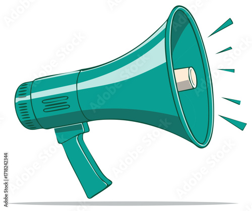 Cartoon megaphone in turquoise with sound waves, vector illustration isolated