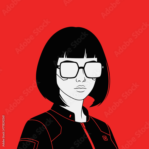 Stylized illustration of a woman with short black hair, bangs, and large square glasses, wearing a black jacket against a vibrant red background.