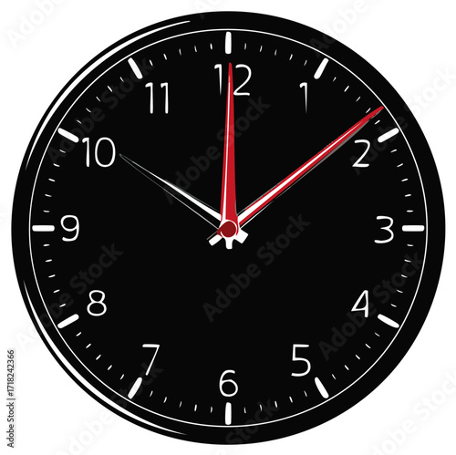 Analog clock with red and white hands, black face, showing time illustration