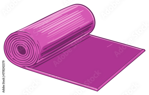 Yoga mat unfurling, ready for exercise; purple gym accessory in a stylized vector illustration, fitness equipment for floor workouts.