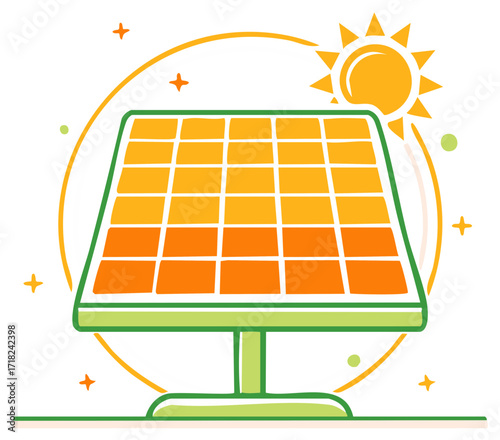 Cartoon solar panel with sun vector illustration for renewable green energy and sustainability concept