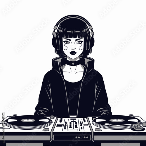 Stylized black and white illustration of a cool female DJ with headphones and a choker, mixing music on turntables.