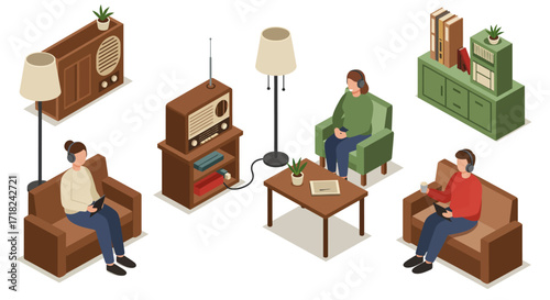 Cozy retro living room with people listening to music in isometric style