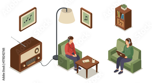 Cozy living room with people relaxing and listening to music in isometric style