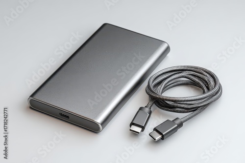 Sleek Silver External SSD with Braided USB-C Cable on White Background