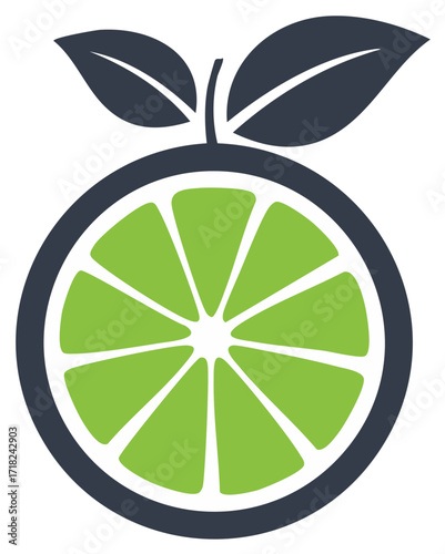 Fresh Green Lime Citrus Fruit Slice with Leaves Flat Vector Icon
