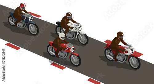 Isometric racing scene with motorcyclists on track in action