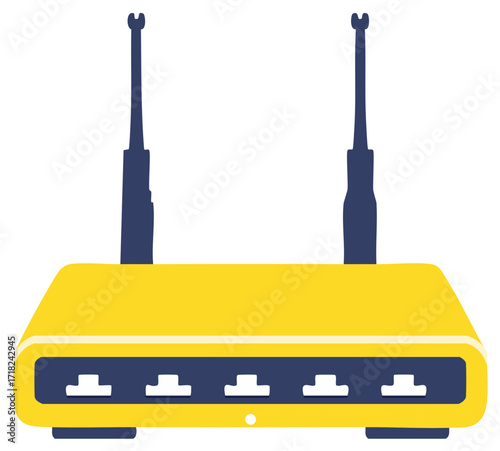 Yellow Wi-Fi internet router illustration with antennas and multiple Ethernet ports for networking data