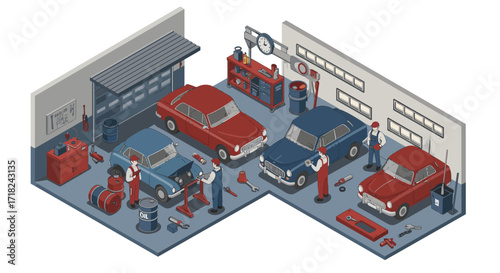 Isometric car maintenance scene in auto repair garage with mechanics
