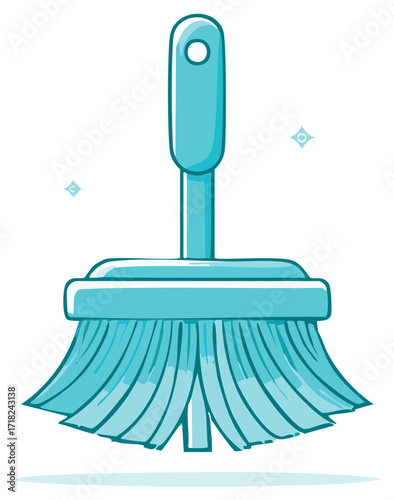 Cartoon illustration of a teal cleaning broom with handle and bristles