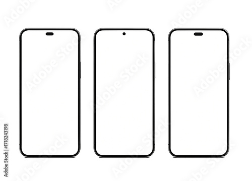 Set of three smartphone mockups with blank white screens, front view, isolated on transparent background