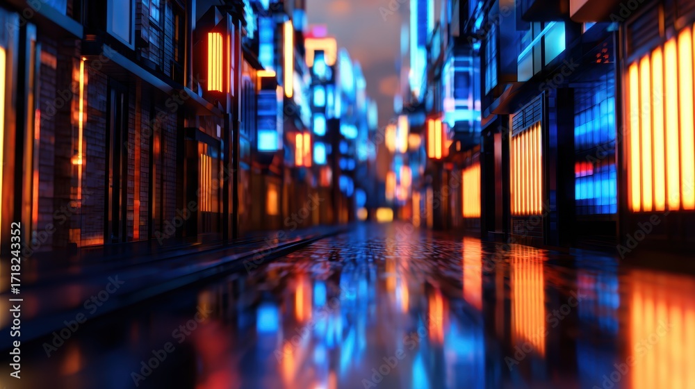 Obraz premium Vibrant neon-lit street at dusk, reflecting colorful lights on wet pavement, creating an urban atmosphere