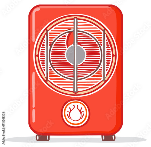 Stylized illustration of a red portable gas stove with a lit flame for camping or tabletop cooking