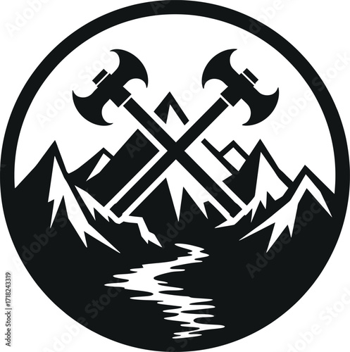 Crossed axes emblem with mountain forest, wilderness survival outdoor badge design

