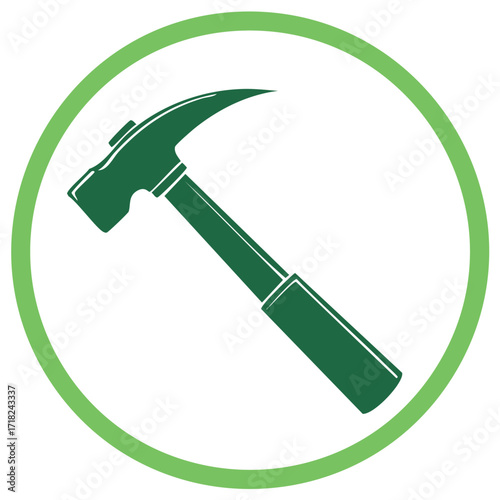 Green claw hammer tool icon in a circular frame symbolizing construction and repair