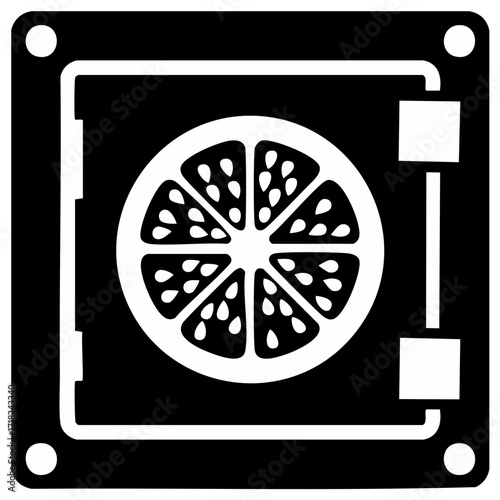 Abstract Safe Box with Citrus Slice. Round Fruit. Black and White Vector Illustration
