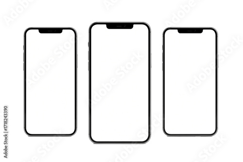Set of three smartphone mockups with blank white screens, front view, isolated on transparent background