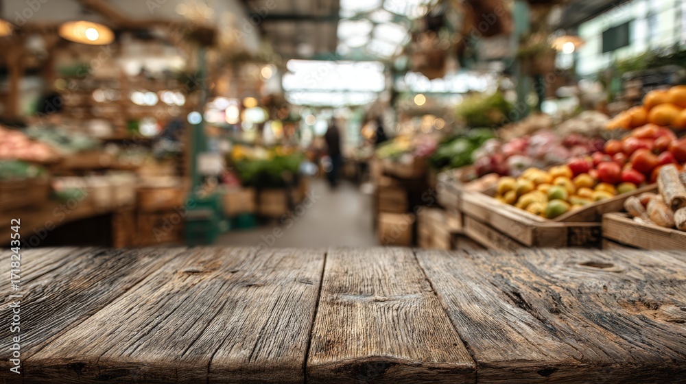 Fototapeta premium Rustic farmhouse table surface with blurred organic grocery store interior