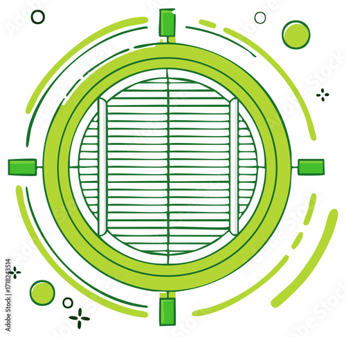 Round barbecue grill top view icon in green doodle style for summer cooking