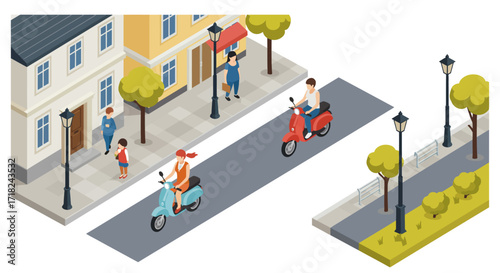 Isometric urban street scene with people and scooters in a residential neighb…