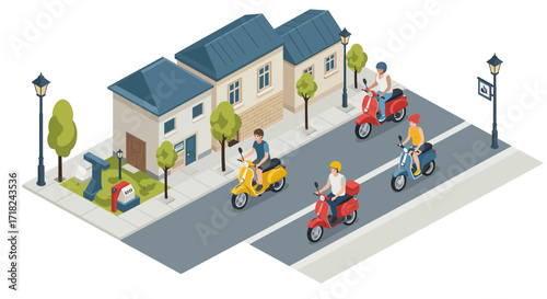 Urban street with people riding scooters in isometric style