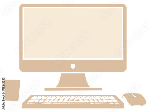 Minimalist desktop computer setup with monitor, keyboard, mouse, and cup