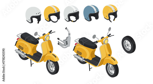Isometric scooter and helmet set with accessories for customization