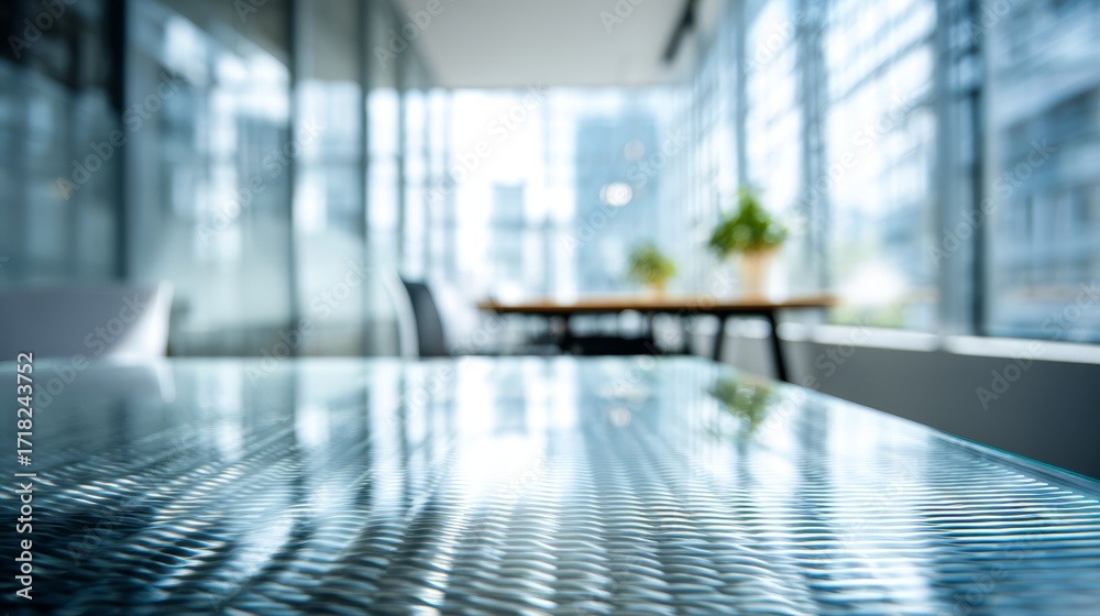 Fototapeta premium Glass table surface in contemporary office workspace. Blurred background. Professional business environment