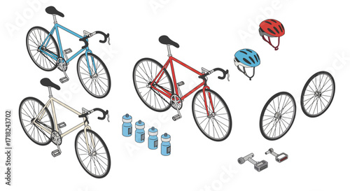 Isometric bicycle components and accessories set with helmets and tools