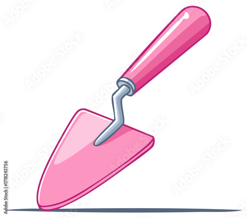 Cartoon pink gardening trowel with metal head and handle for digging and planting flowers