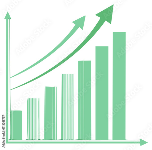 Rising bar graph depicting financial growth and success with green upward trending arrows; infographic of business progress