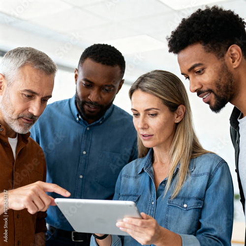 Diverse, engaged team members intensely collaborate, analyzing data and pointing out key insights on a modern digital tablet.