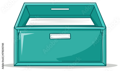 Open Turquoise Filing Cabinet with Paper Documents Illustration for Organizing and Storage Cartoon Graphic