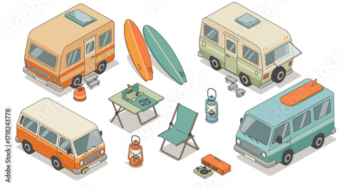 Charming retro camping vans and equipment in isometric style