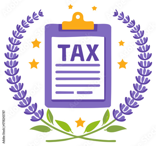 Purple clipboard with tax document encircled by a floral laurel wreath and golden stars