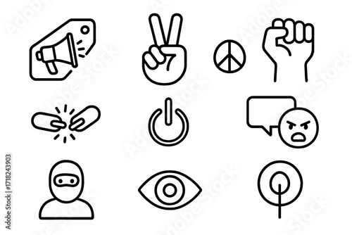 Protest Iconography. Line style icons of protest and political art: megaphone tag, peace hand, raised fist, broken chain, power