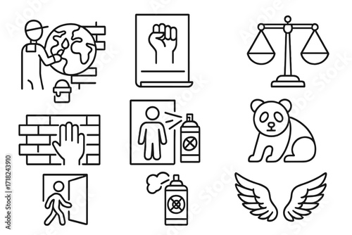 Street Art Icons. Line style icons of street art activism: climate mural, equality message, justice scales, protest wall, human