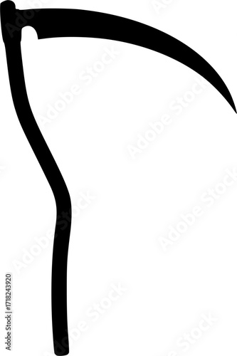 Black silhouette of a scythe with curved blade, minimalistic icon. Vector illustration