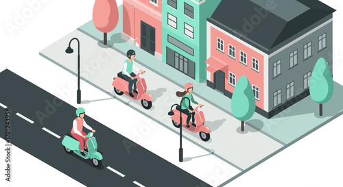 Vibrant city scene with people riding scooters in isometric style