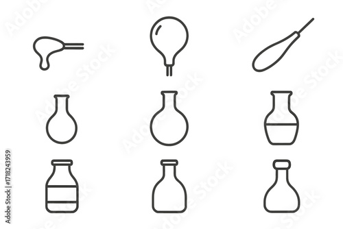 Glassblowing Stages Icons. Line style icons of molten glass stages: gather glob, inflated bubble, elongated form, shaped neck,