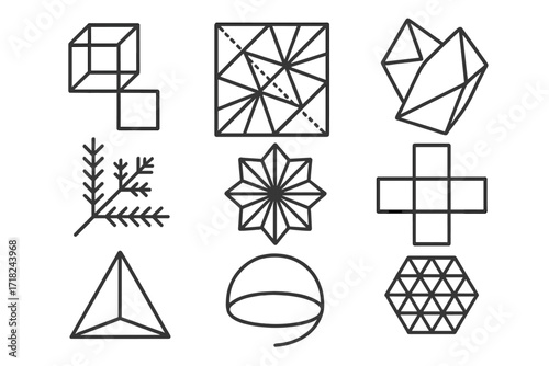 Mathematical Origami Icons. Line style icons of mathematical origami: geometric net, crease pattern, polygonal fold, tessellation